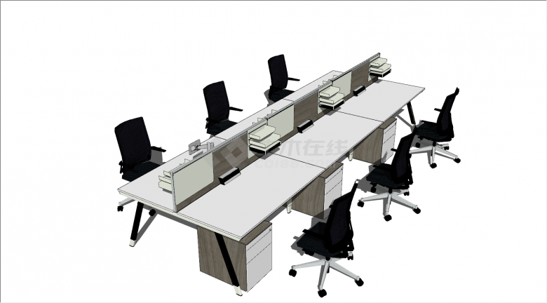 六人位座椅办公室家具组合su模型-图一