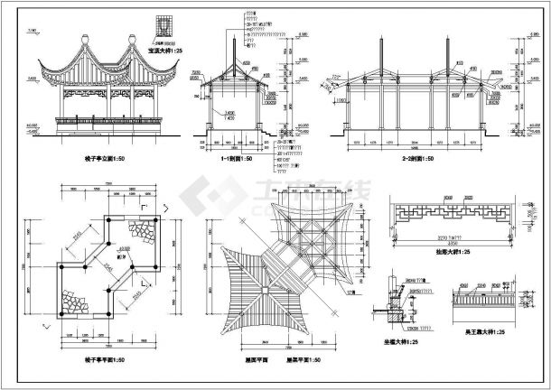 某园林景观公园工程梭子亭设计cad全套建筑施工图 （标注详细）-图一
