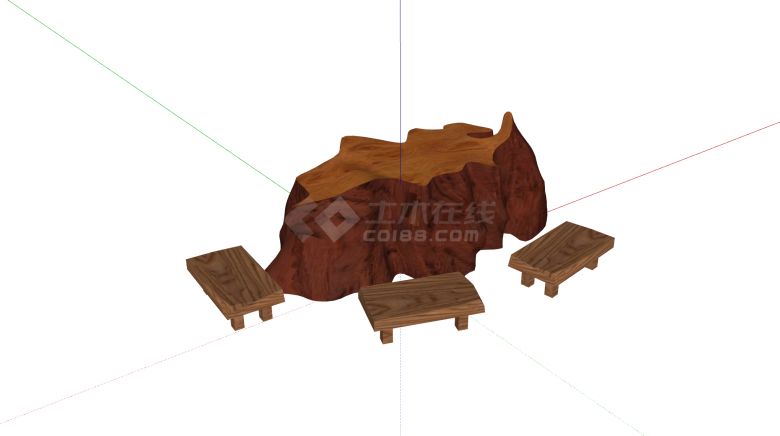 三根小矮凳根雕茶桌茶台su模型-图一