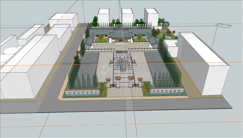 有围栏和树木房屋的广场公园su模型-图二