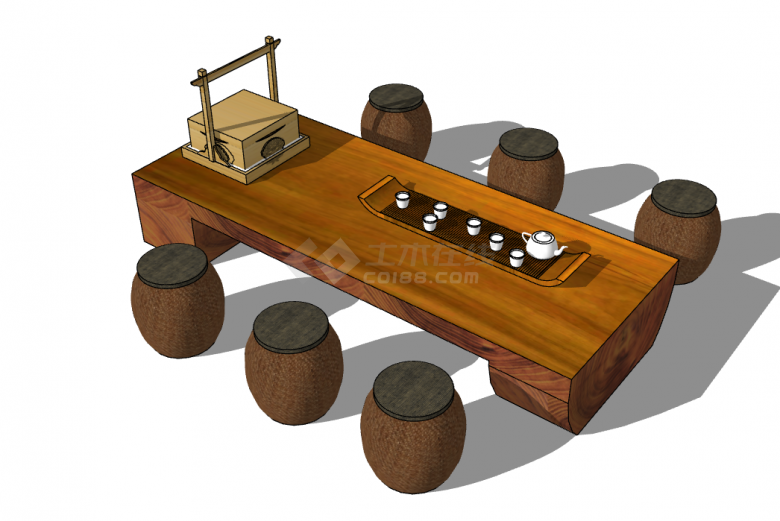 方形木制复古根雕茶桌茶台 su模型-图一