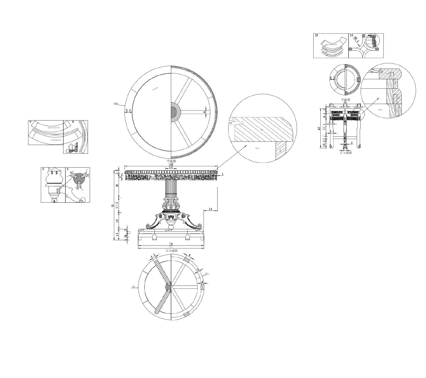 某某建筑单足1米圆桌结构平面图CAD图