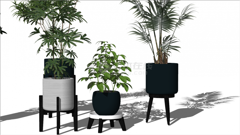带架子多个黑色和灰色现代绿植盆栽su模型-图二