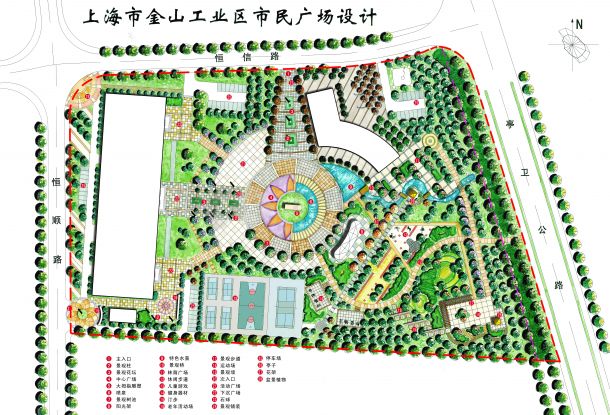 内容简介 此设计为上海某广场设计平面图,纯手绘,附有景观节点说明