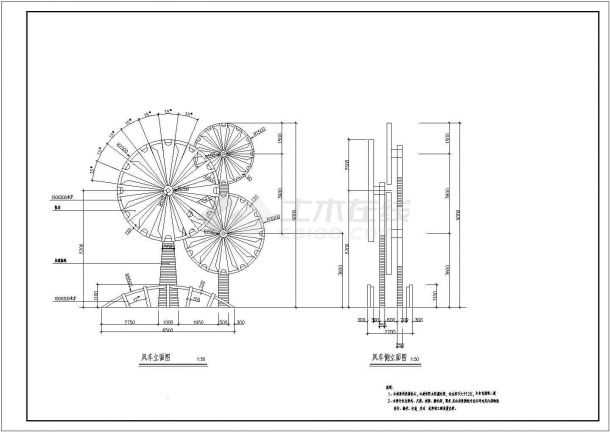 风车建筑平立剖面CAD布置图-图一