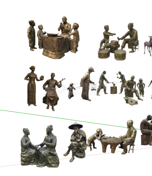 古代歌唱玩耍铜人雕塑组合su模型-图一