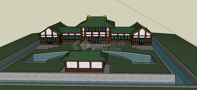 绿色复古的带水池的建筑su模型-图二