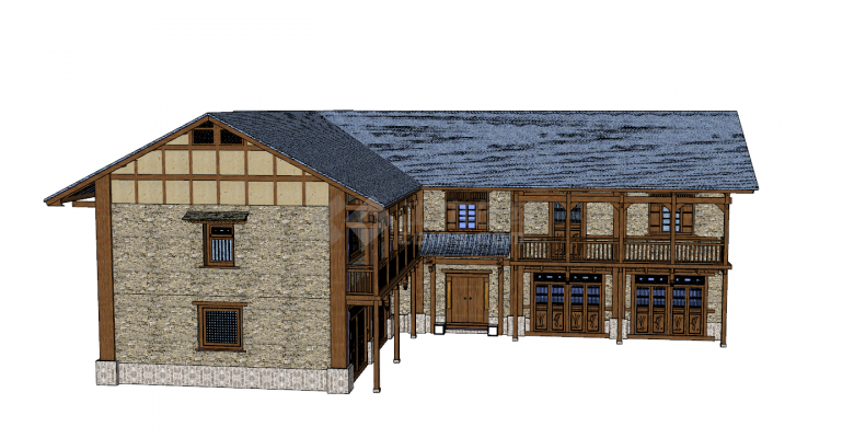现代中式砖木混合结构的客房建筑su模型-图二