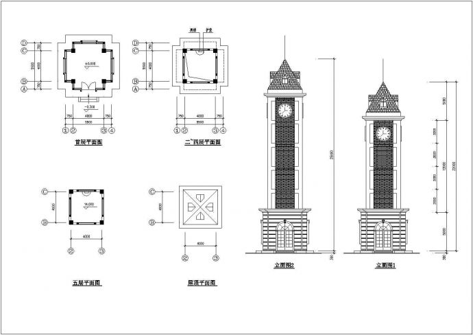 长5.5米 宽5.5米 五层钟楼建筑设计CAD施工图纸（标注详细）_图1
