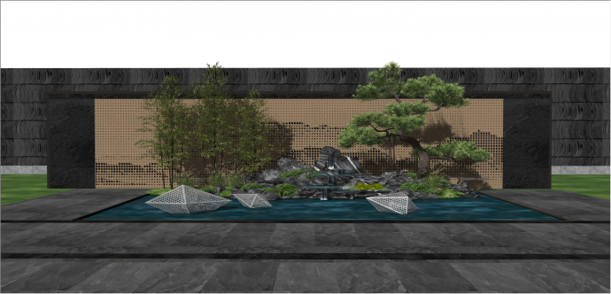 新中式假山水景墙su模型_图1