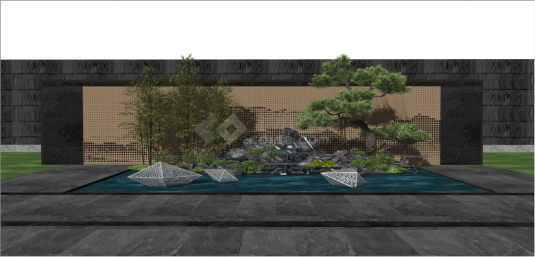 新中式假山水景墙su模型-图一