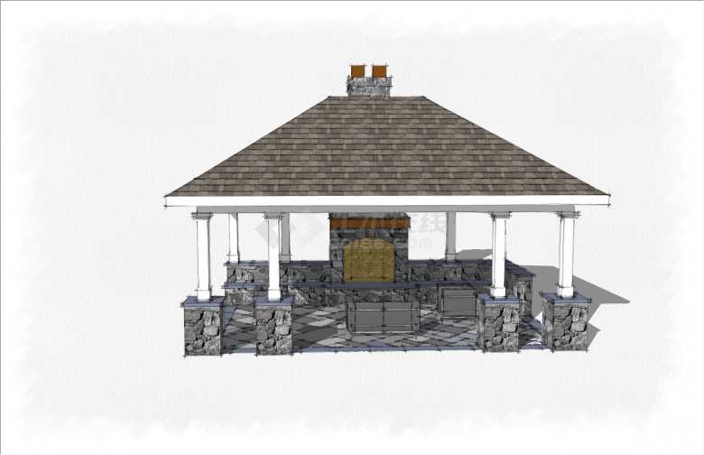 石砌带壁炉现代风格亭子su模型-图二