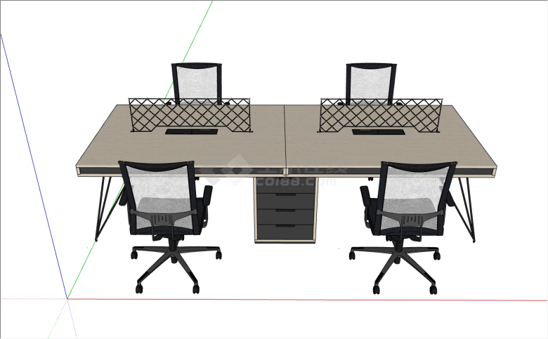 四人位办公桌带4组轮滑座椅和2组4个抽屉组成的收纳柜su模型-图一
