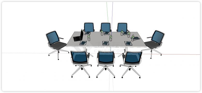 蓝色网纹靠背椅白色办公桌会议桌su模型-图一