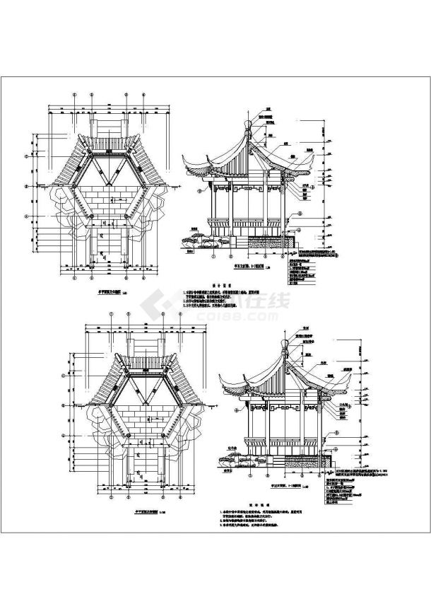 六角园林仿古亭建筑设计cad图（长6.1米 宽4.955米）-图一