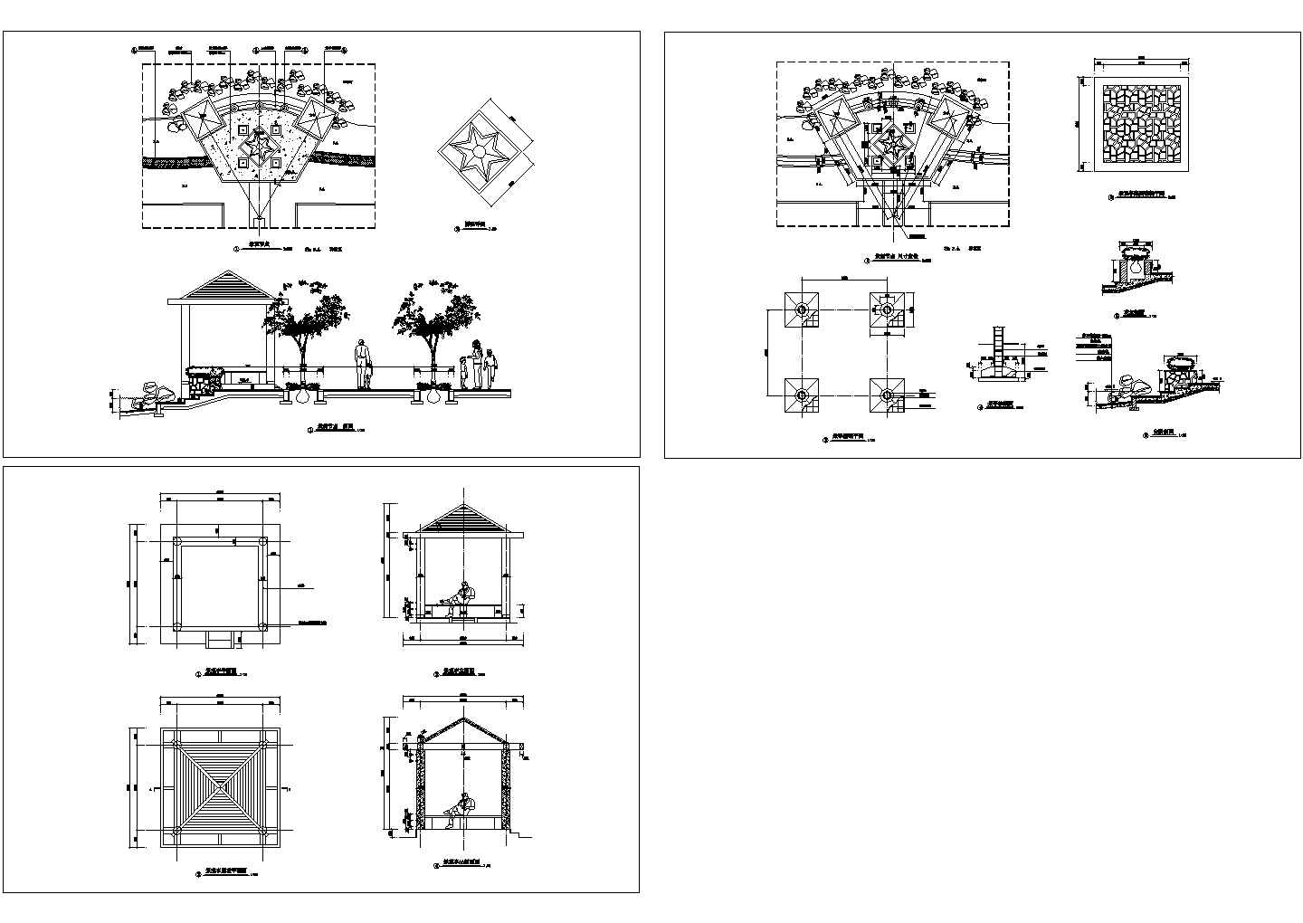 四角景观木亭子全套建筑设计施工图（长4.2米 宽4.2米）