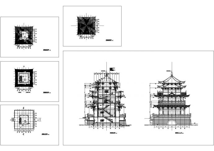 三层云峰烟水阁建筑施工cad图(含平立面图，共六张)_图1