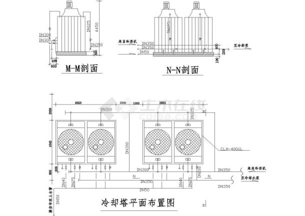 某暖通工程冷却塔设计cad平剖面建筑布置图（标注详细）-图一