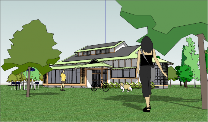 日式简约淡绿色屋顶别墅庭院su模型_图1