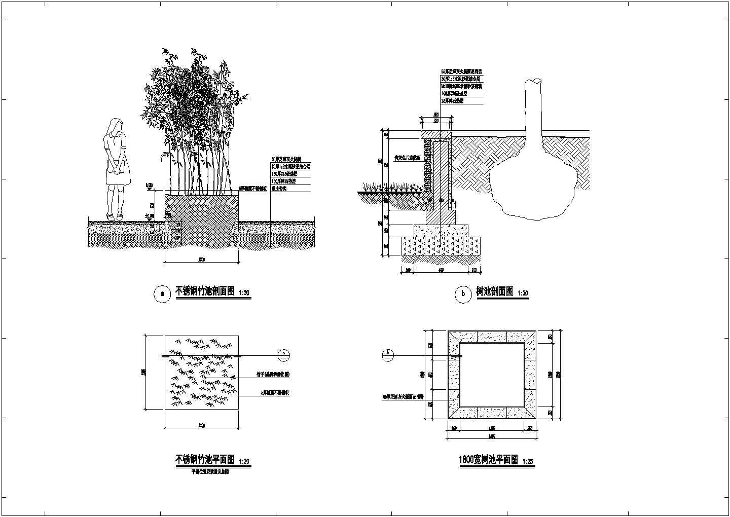 不锈钢竹池及树池平面剖面CAD图纸