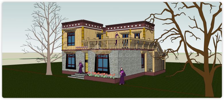 二层木围栏文化砖主体藏式别墅su模型-图一
