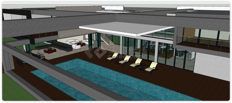 户外泳池黑白主体现代别墅su模型-图二