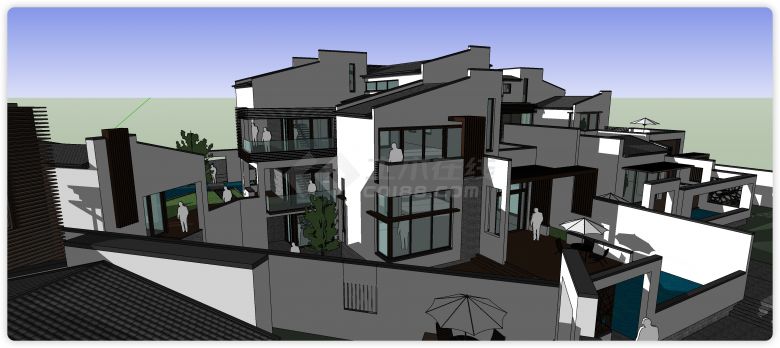 白色主体绿色玻璃住宅别墅洋房建筑su模型-图二