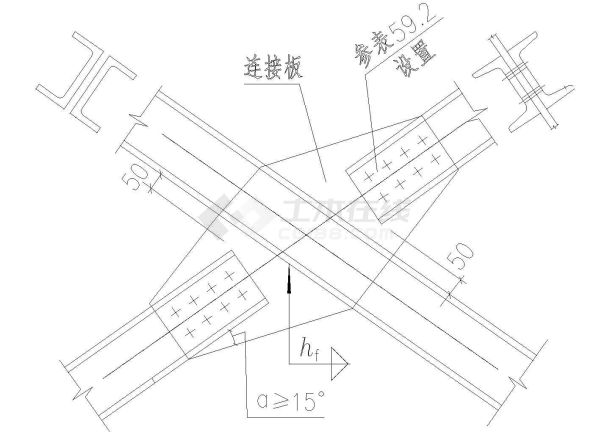 支撑斜杆件为双槽钢组合截面与单节点板的连接节点构造CAD详图-图一