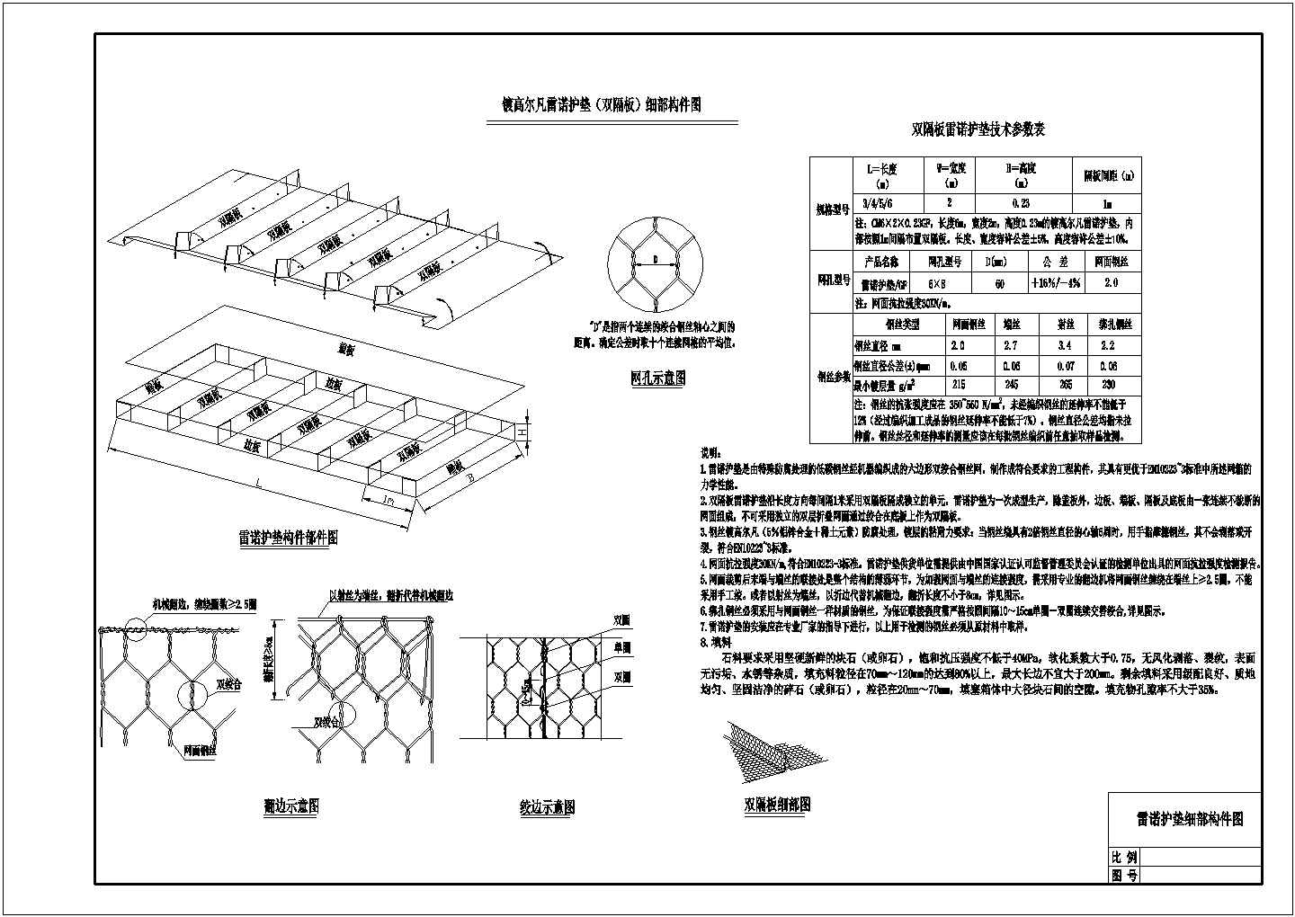 水利水电工程小格宾石笼、雷诺护垫细部结构CAD全套图纸