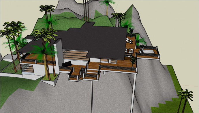 带有棕色屋顶木地板的别墅su模型_图1