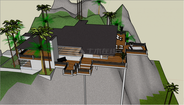 带有棕色屋顶木地板的别墅su模型-图一