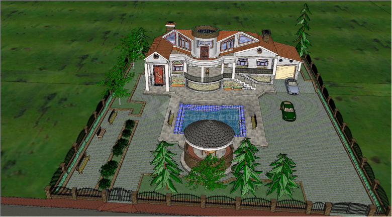 带凉亭和游泳池的双层住宅别墅洋房建筑su模型-图二