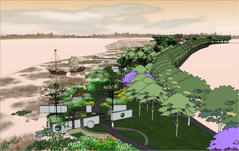 超长海边现代风格公园景观su模型-图二