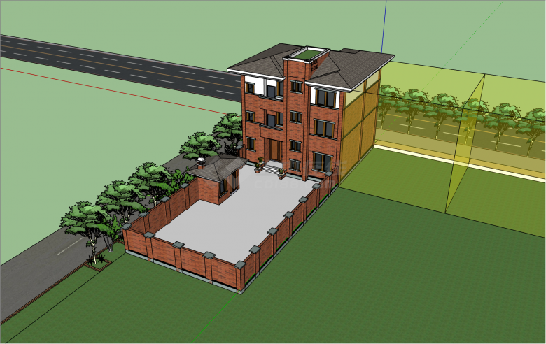 多层红砖现代风格别墅su模型-图一