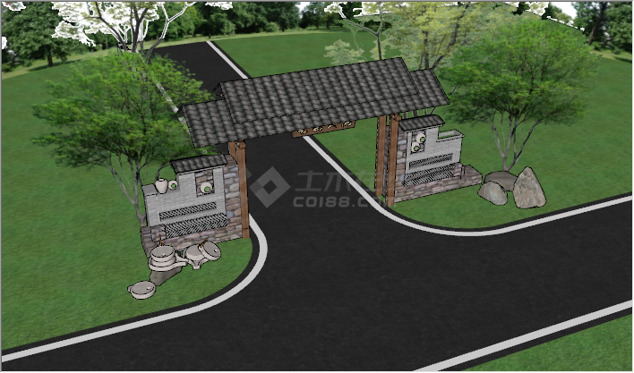 新中式乡村院落门头门廊景观规划su模型-图二