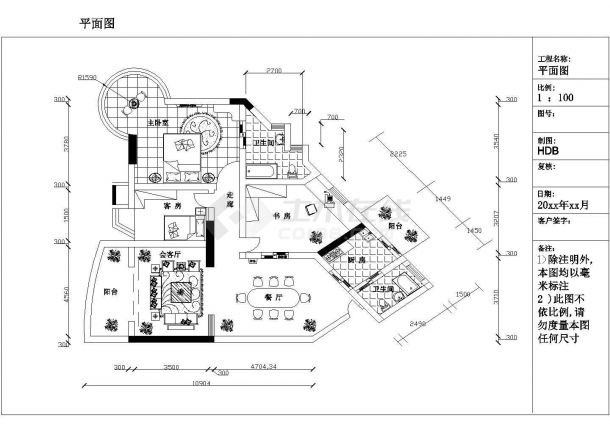 某私人住宅（2室2厅1书房）室内装修cad平面图设计-图一