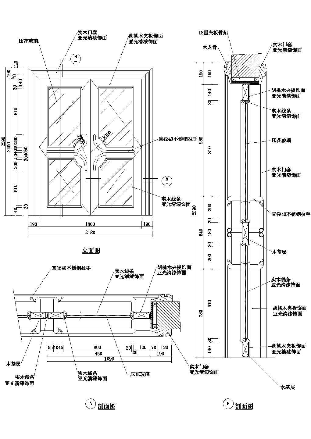 双开－胡桃木（嵌压花玻璃）门大样CAD施工图设计