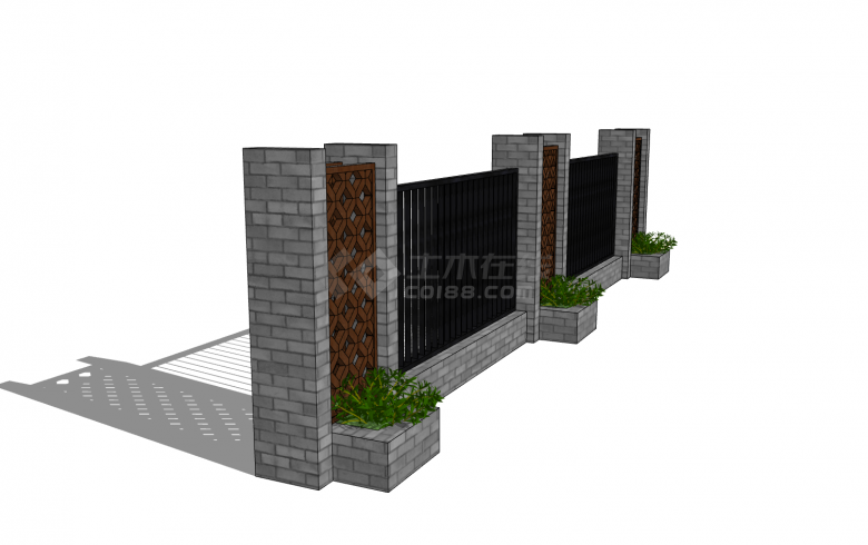 黑色竖栏杆砖砌墙柱新中式围墙su模型-图二