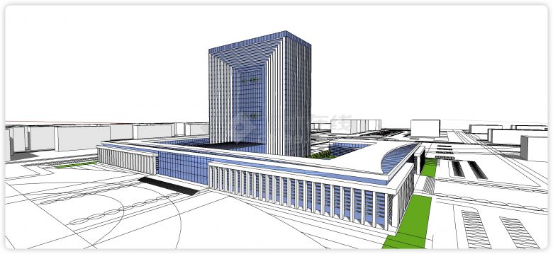 白色钢结构蓝色玻璃办公楼su模型-图二