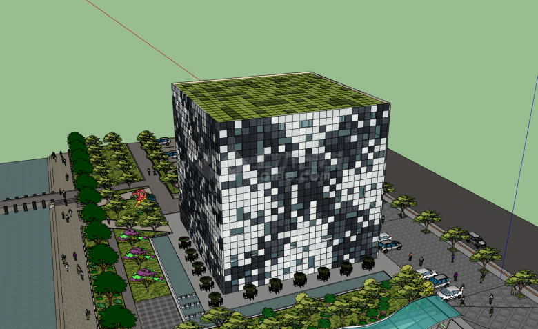 顶面为绿色的马赛克魔方办公大楼su模型-图二
