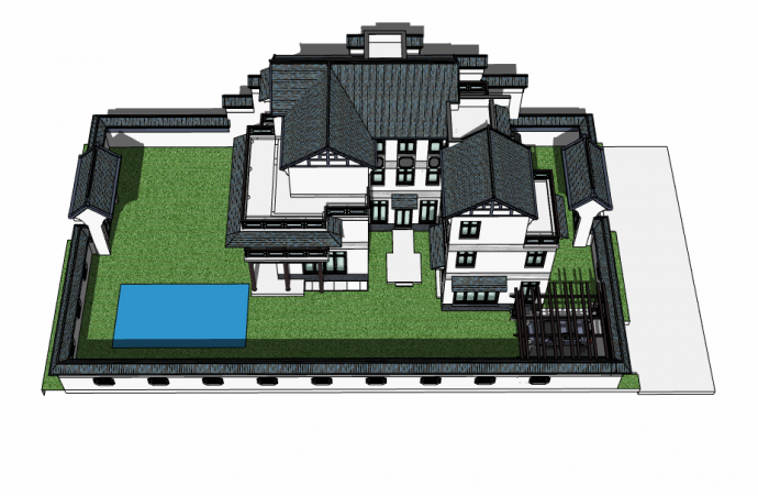 白色围墙宽敞院子的三层中式别墅su模型_图1