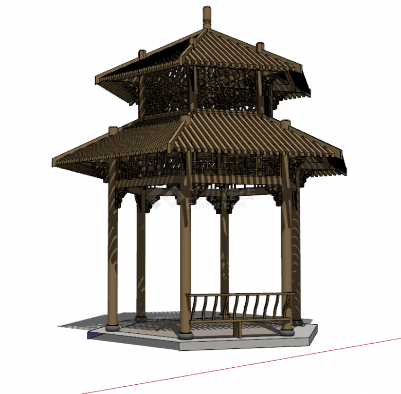中式古典木色优雅传统木结构六角亭su模型-图二