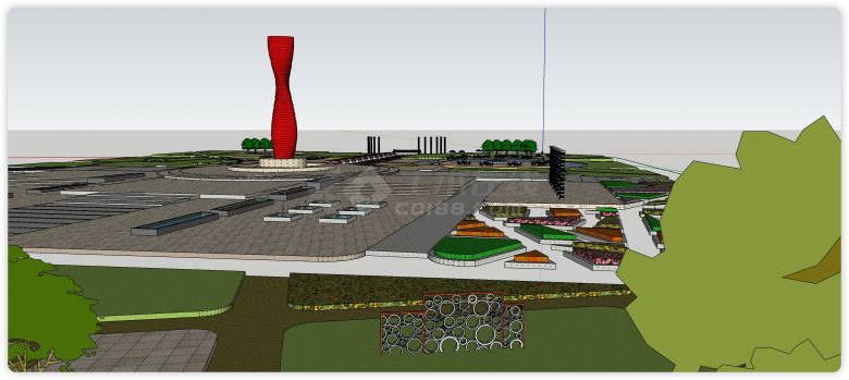 中心红色艺术雕塑广场设计su模型-图二