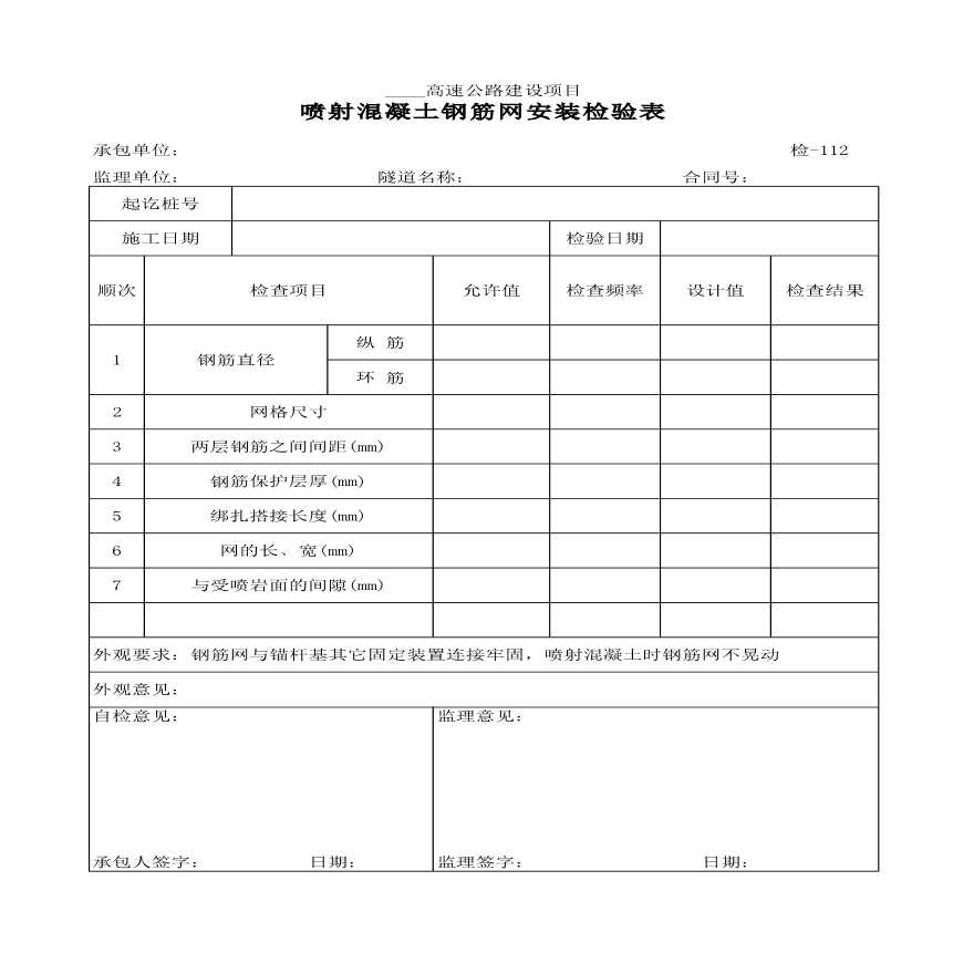 高速公路建设喷射混凝土钢筋网安装检验表材料-图一