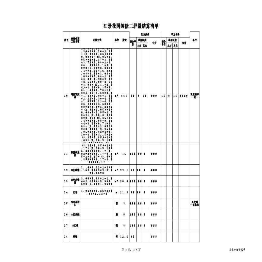 江景花园装修工程量结算清单-图二