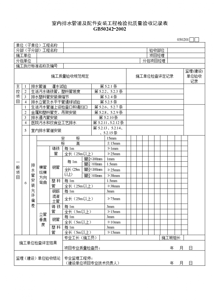 室内排水管道及配件安装工程检验批质量验收记录表资料-图一