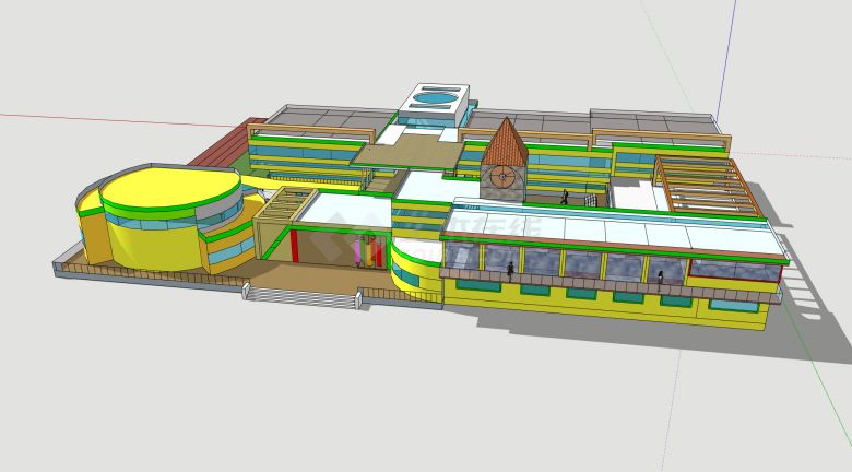 多彩墙面和多级屋顶露台幼儿园su模型-图二