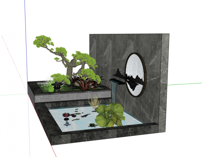 新中式跌水景墙 树池su模型_图1