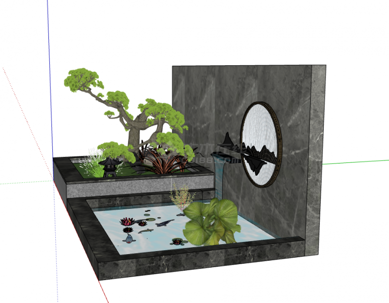 新中式跌水景墙 树池su模型-图一