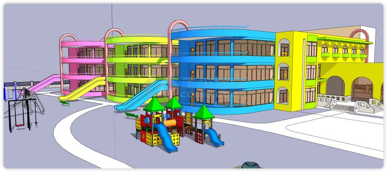 彩虹色建筑滑梯幼儿园su模型-图二